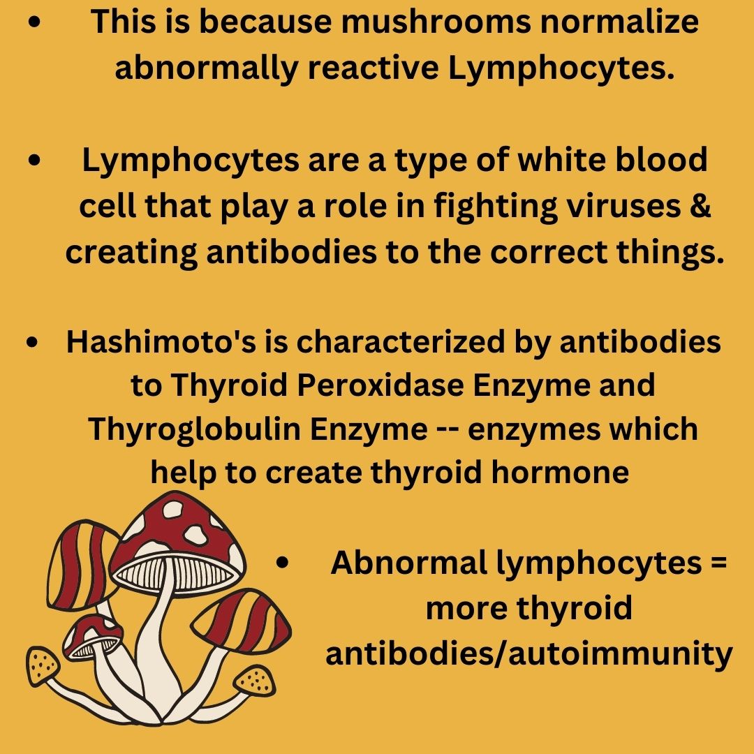 Infographic: Hashimoto's & Graves Disease, immune system disorders, not thyroid issues. Mushrooms lower thyroid antibodies.
